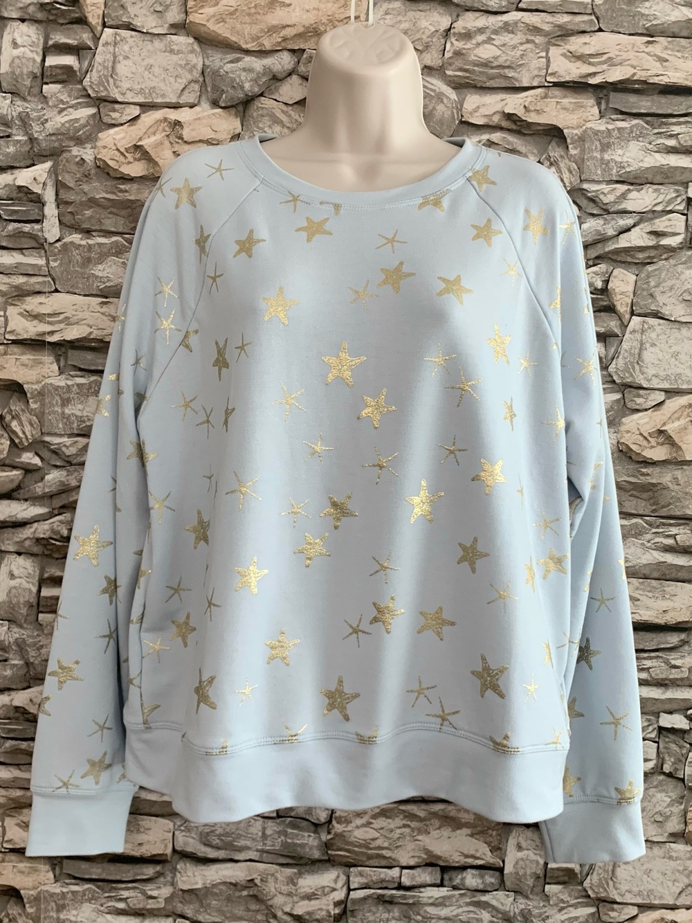 #01 Philosophy Powder Blue Gold Metallic Stars Sweatshirt Blouse Shirt Top Large